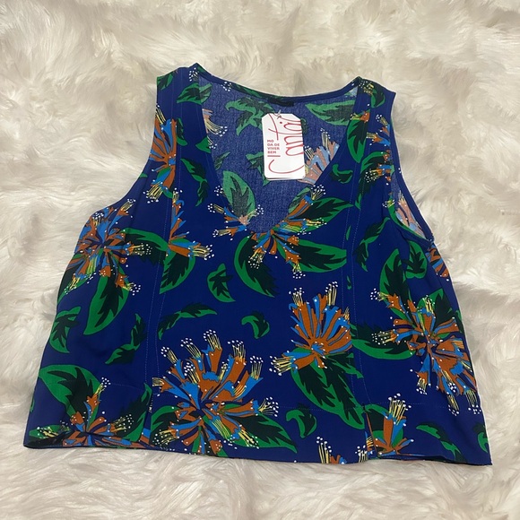 Cantao Brazilian Blue and Green Sleeveless Crop Tank Top - Picture 1 of 6